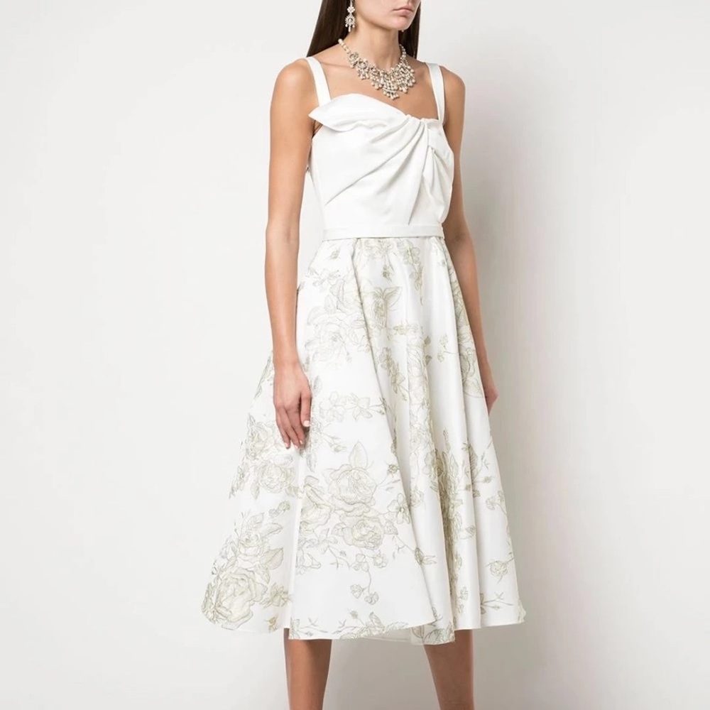 Marchesa Embroidered Satin Draped Dress, Ivory with Gold Embroidery, Size 10